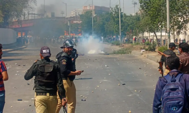 Police resort to shelling to disperse protesters outside the US Consulate in Karachi on March 1, 2026, following Iran Supreme Leader Ayatollah Ali Khamenei&rsquo;s assassination. &mdash;  Shakil Adil/ White Star