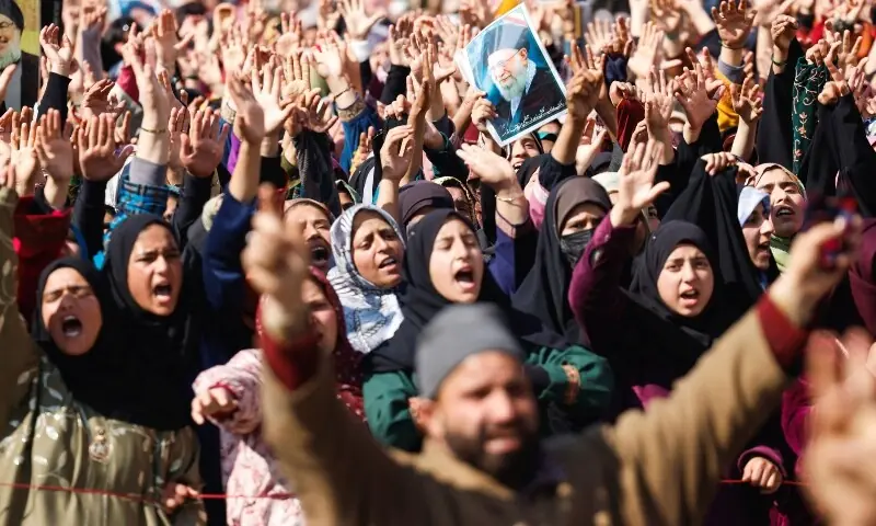 Shi&rsquo;ite Muslims gather for a protest march and chant anti-US and anti-Israel slogans, after Iran&rsquo;s Supreme Leader Ayatollah Ali Khamenei was killed in Israeli and US strikes on Saturday, in Srinagar, occupied Kashmir, March 1, 2026. &mdash;Reuters