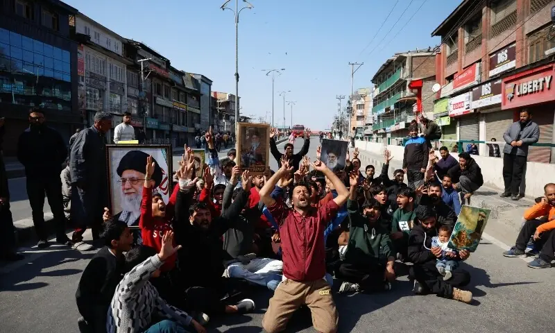 Shi&rsquo;ite Muslims react as they gather for a protest march, after Iran&rsquo;s Supreme Leader Ayatollah Ali Khamenei was killed in Israeli and US strikes on Saturday, in Srinagar, occupied Kashmir, March 1, 2026. &mdash;Reuters