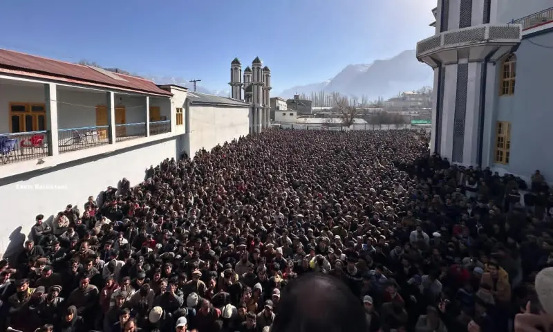 People gather to protest against the US and Israeli attacks on Iran, in GB’s Skardu on March 1, 2026. — Jamil Nagri People gather to protest against the US and Israeli attacks on Iran, in GB’s Skardu on March 1, 2026. — Jamil Nagri