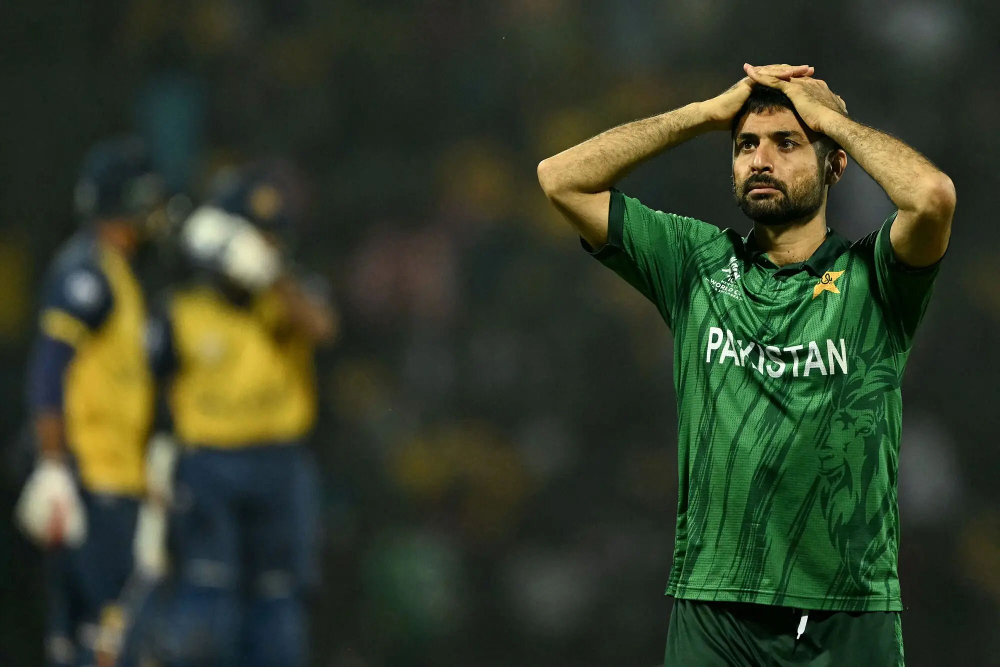 Abrar Ahmed reacts during the 2026 ICC Men&rsquo;s T20 Cricket World Cup Super Eights match between Sri Lanka and Pakistan at the Pallekele International Cricket Stadium in Kandy on February 28, 2026. &mdash; AFP