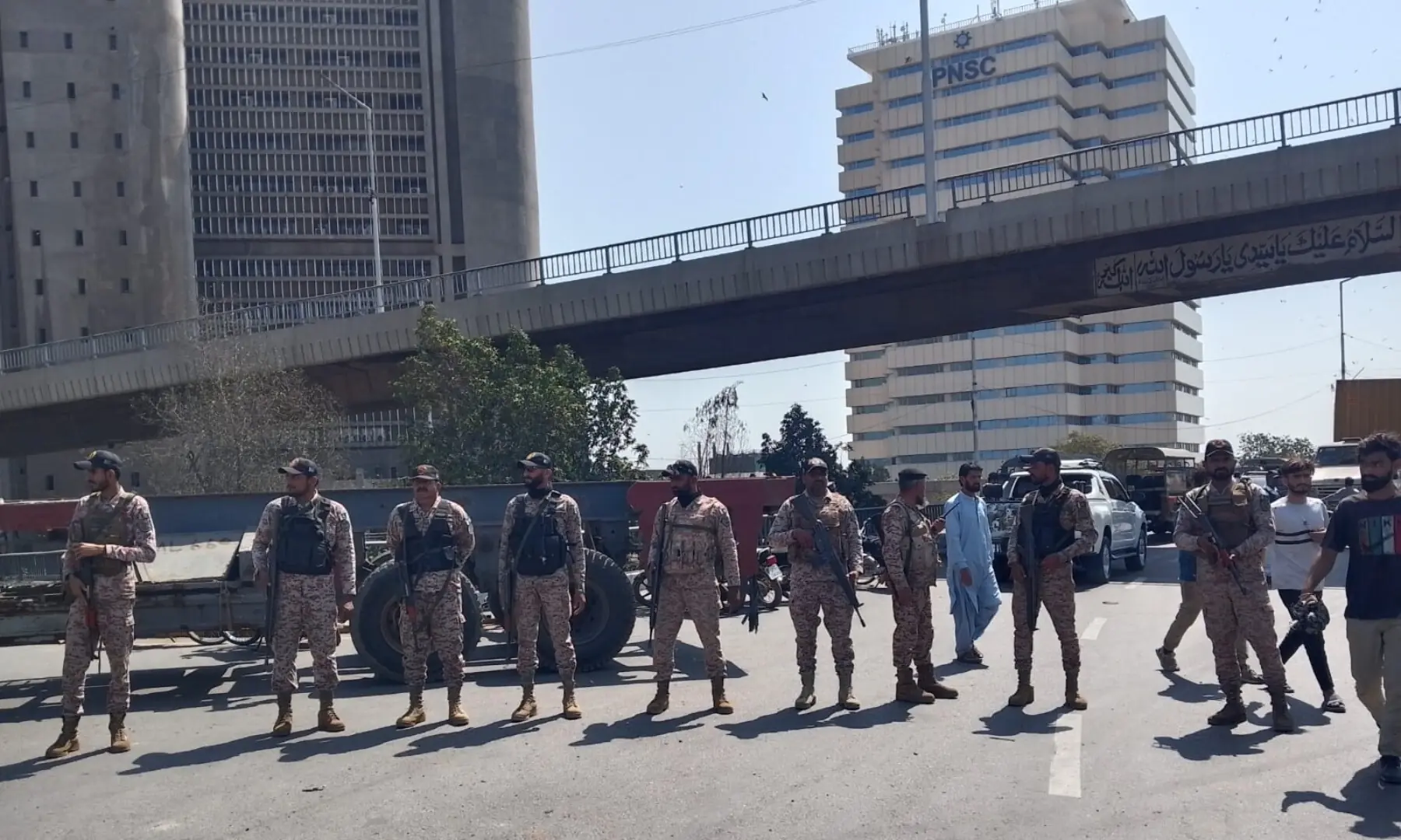Rangers personnel stand guard at the Jinnah Bridge in Karachi on March 1. 2026. &mdash; via Sindh Rangers