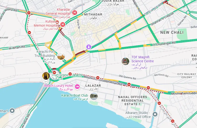  This screengrab taken at around 5:20pm shows closed roads near the US Consulate in Karachi on March 1, 2026. &mdash; Google Maps 