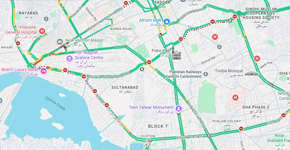  This screengrab taken at around 8:30pm shows closed roads across Karachi on March 1, 2026. &mdash; Google Maps 