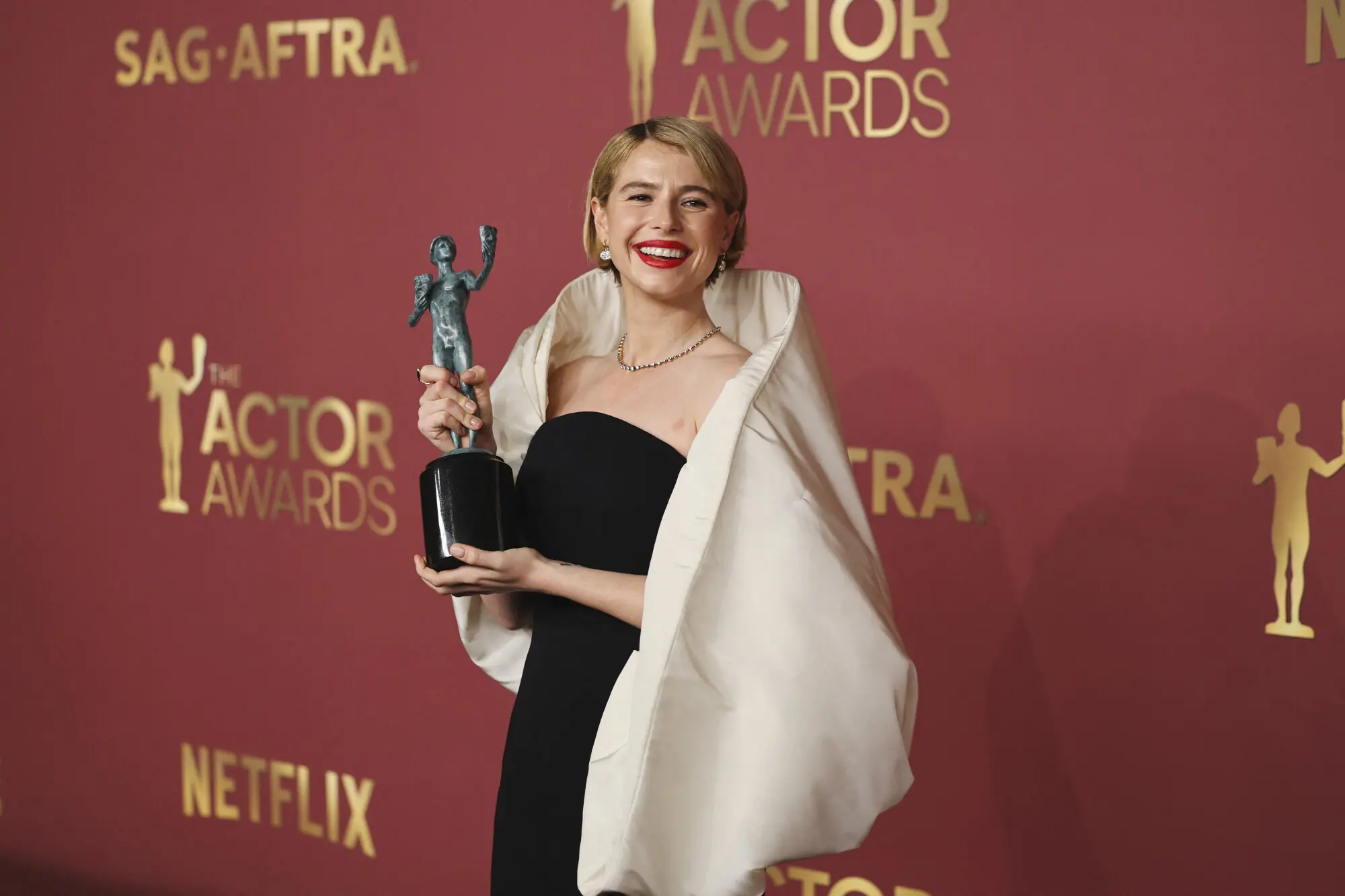Jessie Buckley holding the award for Best Female Actor in a Leading Role for her performance in Hamnet. Photo: Reuters