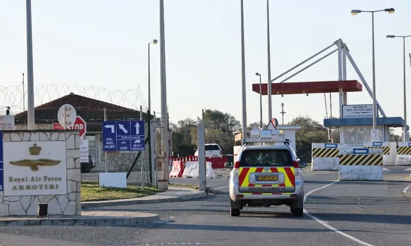 An emergency vehicle passes by the entrance of RAF Akrotiri, a British sovereign base in Cyprus, which was hit by an unmanned drone overnight, causing limited damage, Cyprus March 2, 2026. &mdash;Reuters