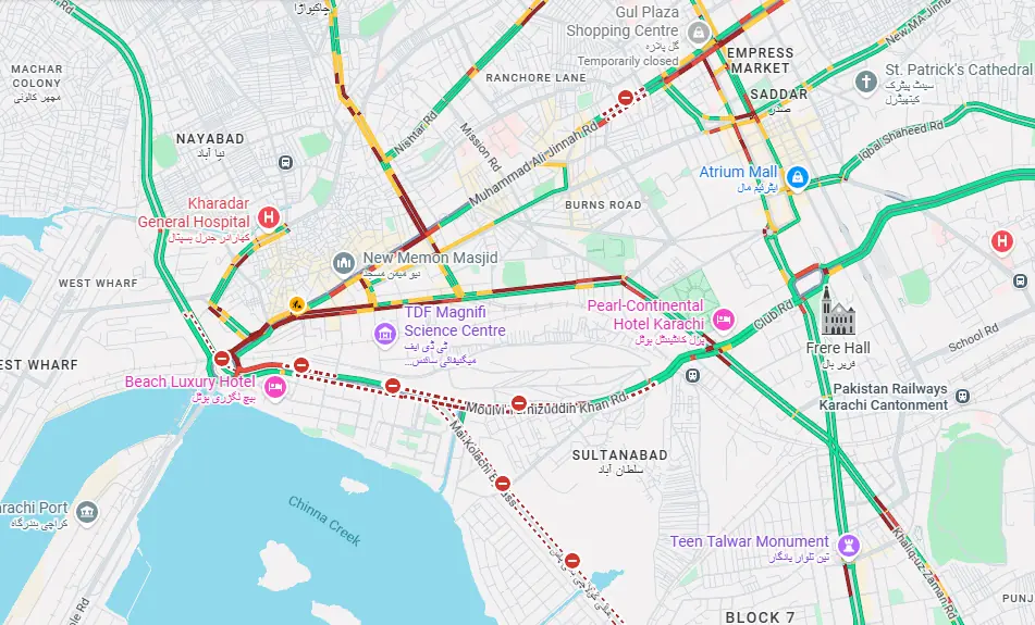 This screengrab taken at around 3pm shows closed roads across Karachi on March 2, 2026. &mdash; Google Maps 