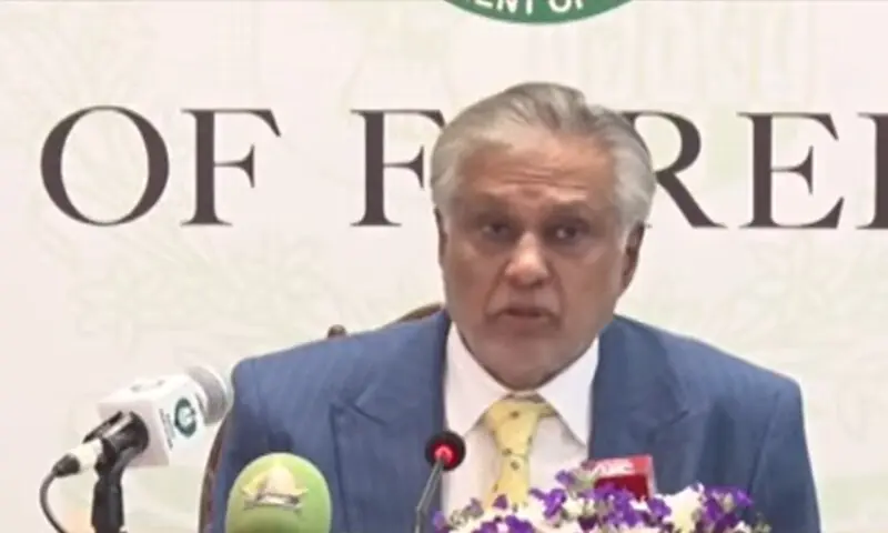 Deputy Prime Minister and Foreign Minister Ishaq Dar addresses a press briefing in Islamabad on March 2, 2026. &mdash; DawnNewsTV