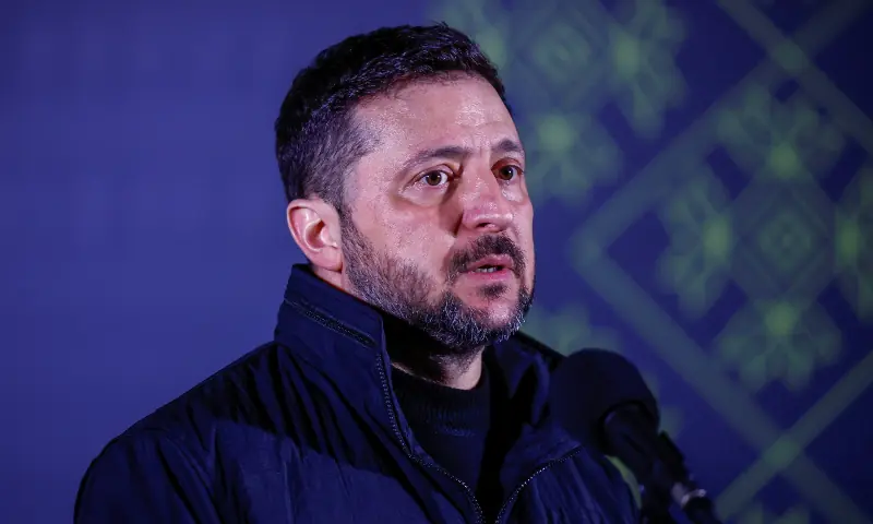 Ukraine&rsquo;s President Volodymyr Zelensky speaks to media after he shared an iftar, meal to break fast at sunset, during the holy month of Ramadan, with Ukrainian Muslim service members, near a mosque in Kyiv, Ukraine on March 2, 2026. &mdash; Reuters