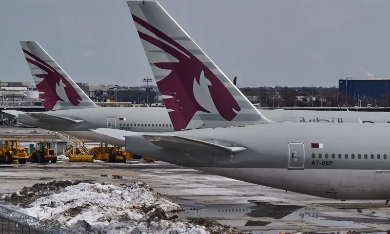 Boeing 777-300ER aircraft operated by Qatar Airways parked outside Terminal 8 at John F. Kennedy (JFK) International Airport, amid the US-Israel conflict with Iran, in New York City, US, March 2, 2026. &mdash;Reuters/File