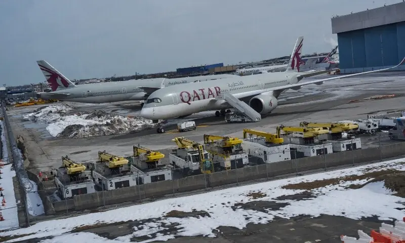 Aircraft operated by Qatar Airways parked at John F. Kennedy (JFK) International Airport, amid the US-Israel conflict with Iran, in New York City, US, March 2, 2026.  &mdash;Reuters/File