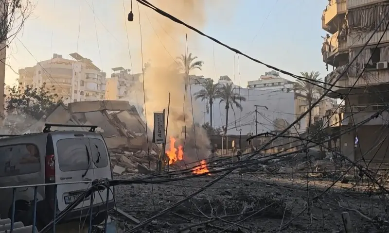 This frame grab from AFPTV video footage taken on March 3, 2026 shows smoke billowing from a fire and buildings damaged after an early morning Israeli strike on Beirut’s southern suburbs. —AFP/File