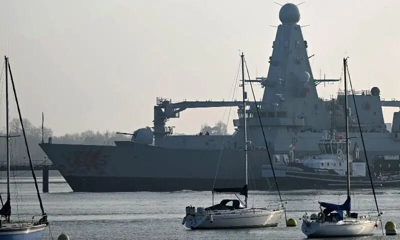 HMS Dragon, a Type 45 Daring-class air-defence destroyer warship, is pictured moored outside HM Naval Base Portsmouth, on the south coast of England, on March 4, 2026. &mdash;AFP