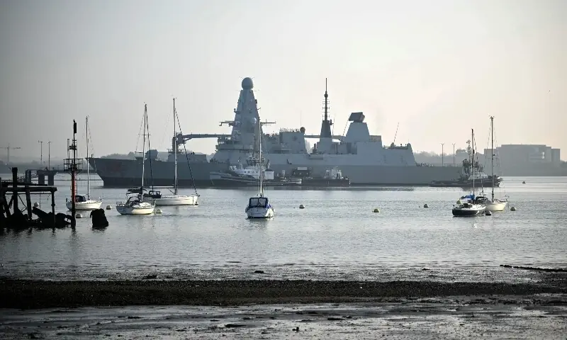 HMS Dragon, a Type 45 Daring-class air-defence destroyer warship, is pictured moored outside HM Naval Base Portsmouth, on the south coast of England, on March 4, 2026. &mdash;AFP