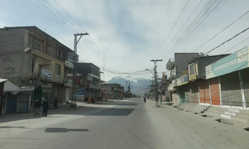Shops on a street in Gilgit are closed on March 4, 2026. &mdash; via Jamil Nagri
