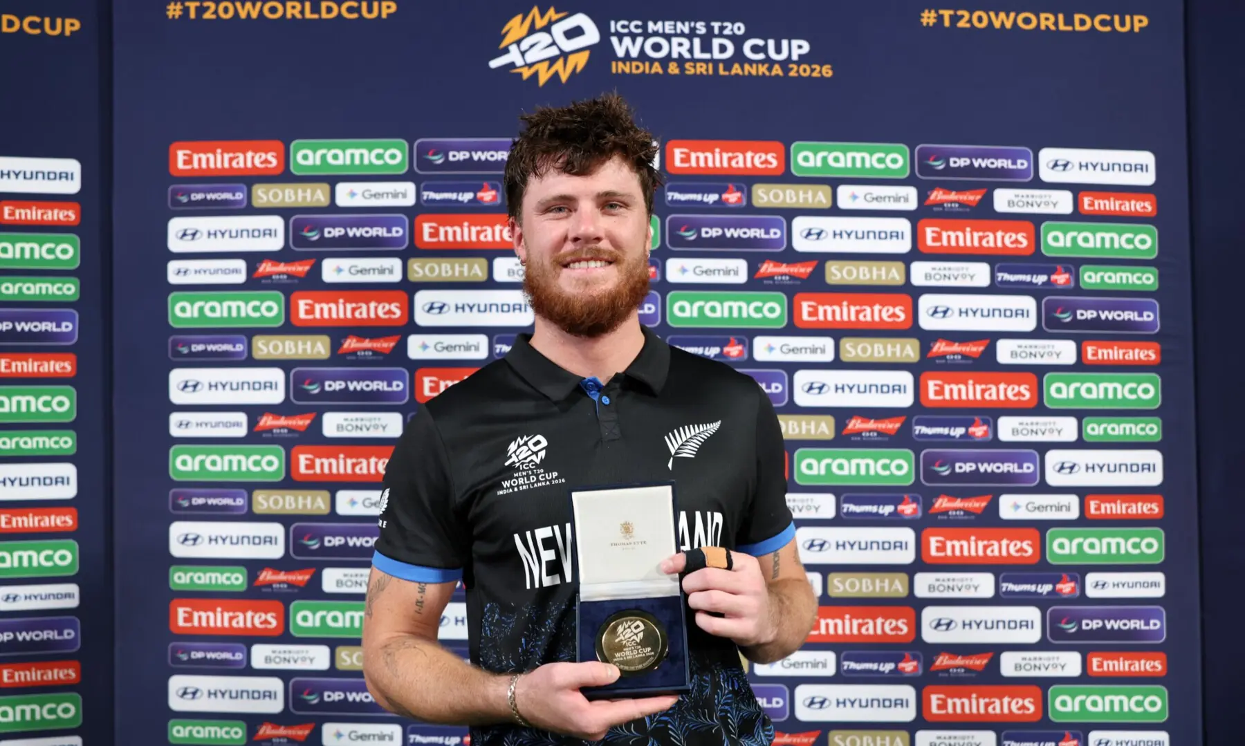 New Zealand&rsquo;s Finn Allen poses with his Player of the Match award after T20 Cricket World Cup semi-final match between New Zealand and South Africa at the Eden Gardens in Kolkata on March 4, 2026. &mdash; X/BLACKCAPS