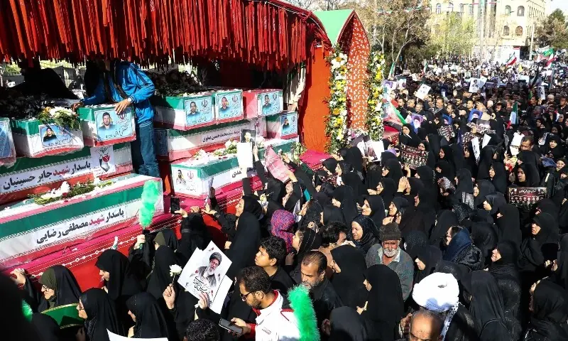 Mourners in the city of Kashan attend the funeral of those killed in the US-Israeli war with Iran on March 5. &mdash; AFP