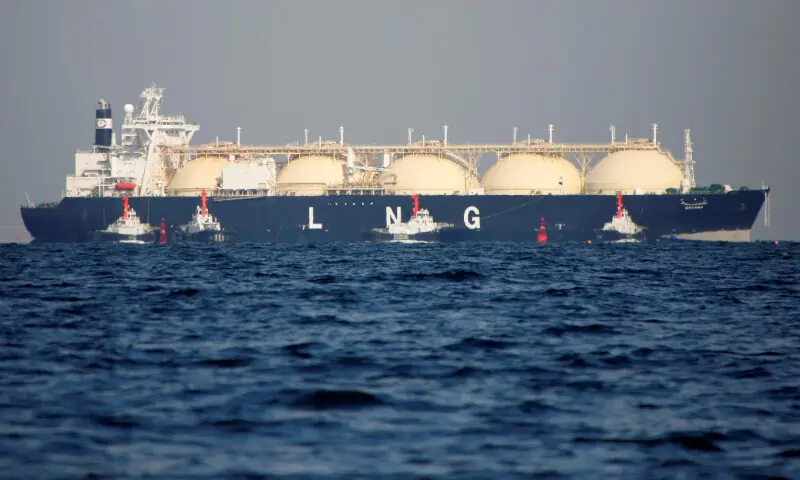 A liquefied natural gas (LNG) tanker is tugged towards a thermal power station at sea. &mdash; AFP