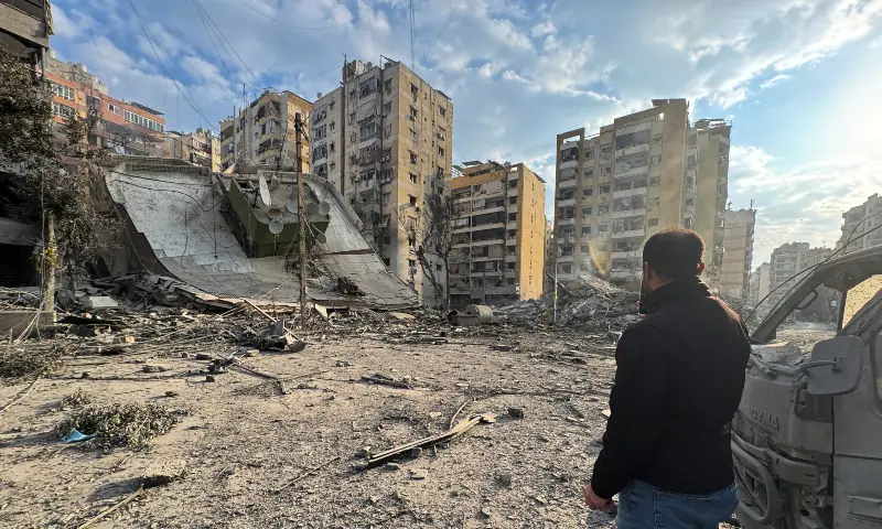 A man inspects damage buildings after an Israeli strike on Beirut&rsquo;s southern suburbs, following an escalation between Hezbollah and Israel amid the US-Israeli conflict with Iran, Lebanon on March 7, 2026. &mdash; Reuters