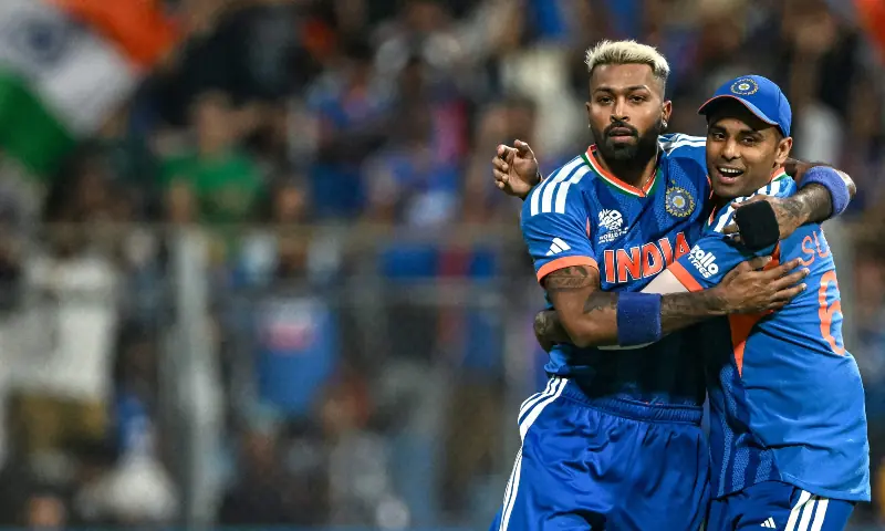 India&rsquo;s Hardik Pandya (L) celebrates with his captain Suryakumar Yadav after taking the wicket of England&rsquo;s Phil Salt during the 2026 ICC Men&rsquo;s T20 Cricket World Cup semi-final match between India and England at the Wankhede Stadium in Mumbai on March 5, 2026.. &mdash; AFP