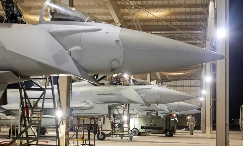 RAF Typhoon fighter jets from 11 Squadron, based in Britain&rsquo;s RAF Coningsby, are parked in a hangar after arriving at Dukhan air base to provide support in the region, in Qatar on March 7. &mdash; Reuters