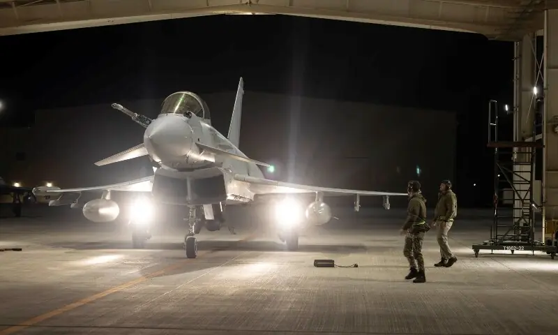 RAF Typhoon fighter jets from 11 Squadron, based in Britain&rsquo;s RAF Coningsby, arrive at Dukhan air base to provide support in the region, in Qatar on March 7. &mdash; Reuters