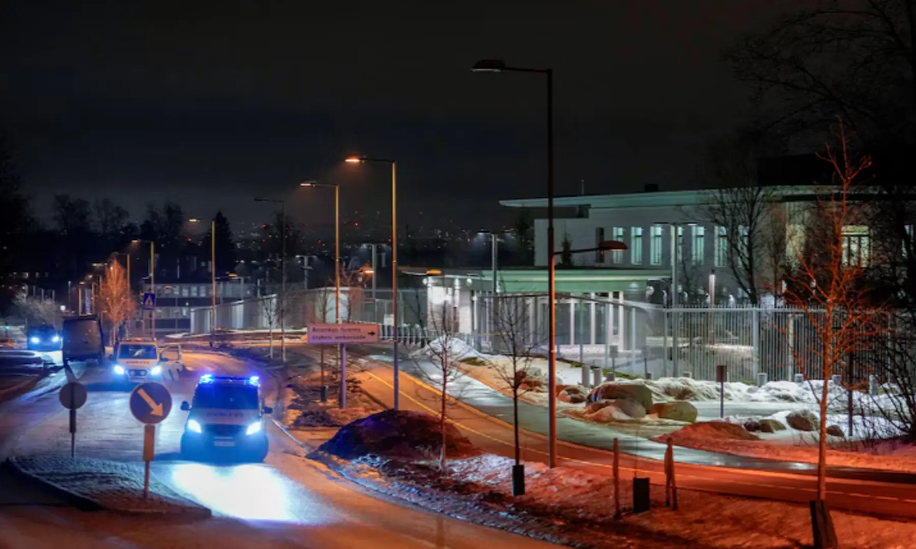 Police vehicles outside the U.S. embassy, after a loud bang was reported at the site, in Oslo, Norway, March 8, 2026. &mdash; Reuters