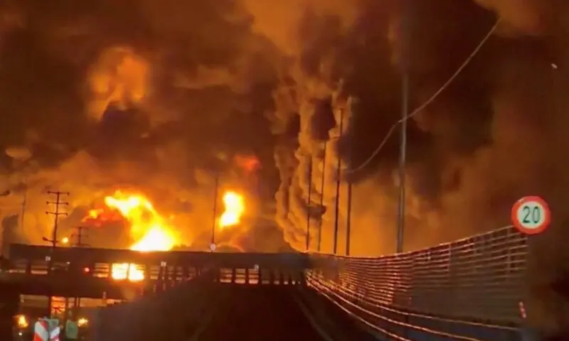 Fire burns and smoke rises from Aqdasiyeh Oil Depot after being reportedly hit by strike, amid the U.S.-Israeli conflict with Iran, in Tehran, Iran in this screengrab taken from a social media video released on March 8. &mdash; Reuters