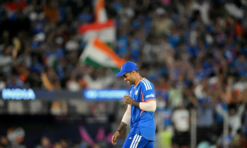 India&rsquo;s captain Suryakumar Yadav celebrates after the dismissal of New Zealand&rsquo;s Matt Henry during the 2026 ICC Men&rsquo;s T20 Cricket World Cup final match between India and New Zealand at the Narendra Modi Stadium in Ahmedabad on March 8, 2026. &mdash; AFP