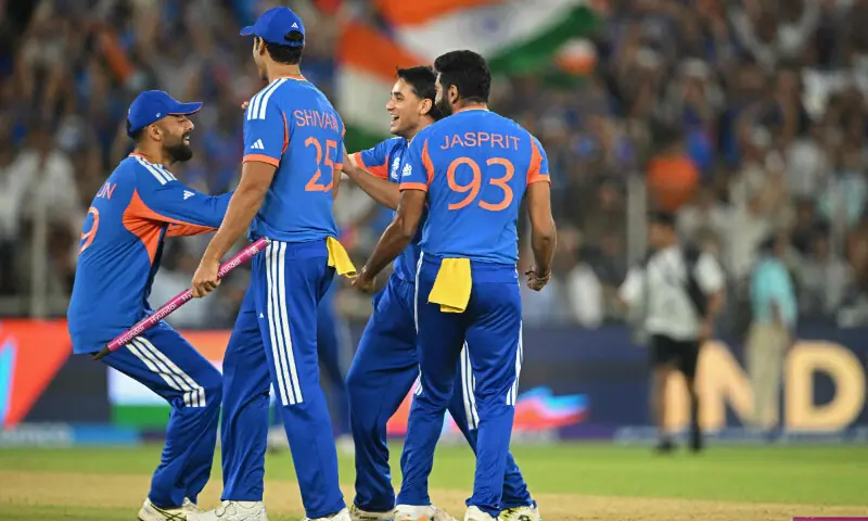 CRICKET-ICC-MENS-T20-WC-2026-IND-NZL
Full View
India&rsquo;s players celebrate after winning the 2026 ICC Men&rsquo;s T20 Cricket World Cup final match between India and New Zealand at the Narendra Modi Stadium in Ahmedabad on March 8, 2026. &mdash; AFP