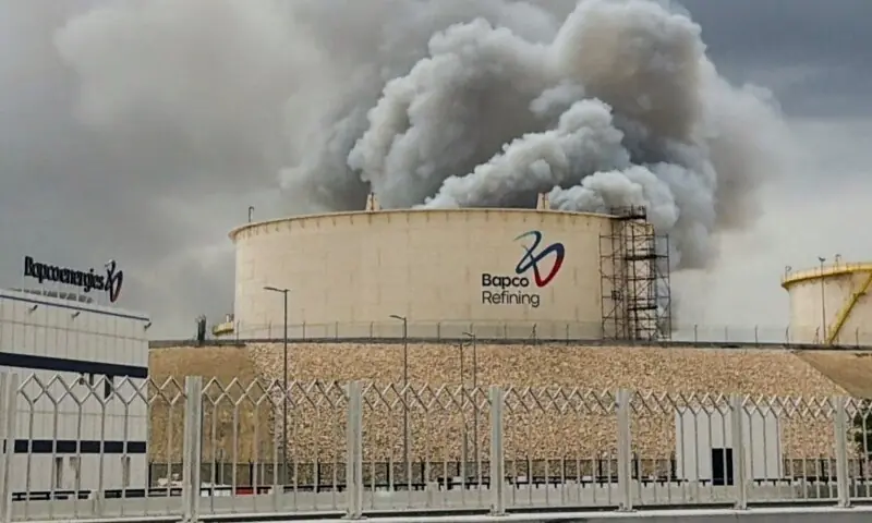 Smoke rises following a strike on the Bapco Oil Refinery, amid the US-Israeli conflict with Iran, on Sitra Island Bahrain, March 9, 2026. &mdash;Reuters
