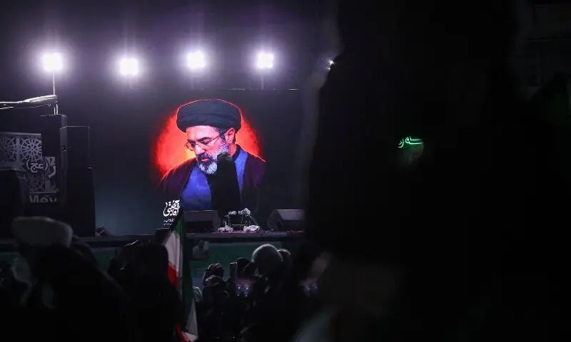 A picture of Iran&rsquo;s new supreme leader, Mojtaba Khamenei, is displayed on a screen in Tehran, amid the US-Israeli conflict with Iran, in Tehran, Iran, March 9, 2026. &mdash;Reuters