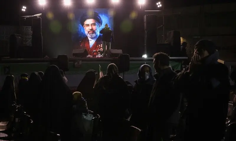 A picture of Iran&rsquo;s new supreme leader, Mojtaba Khamenei, is displayed on a screen in Tehran, amid the US-Israeli conflict with Iran, in Tehran, Iran, March 9, 2026. &mdash;Reuters