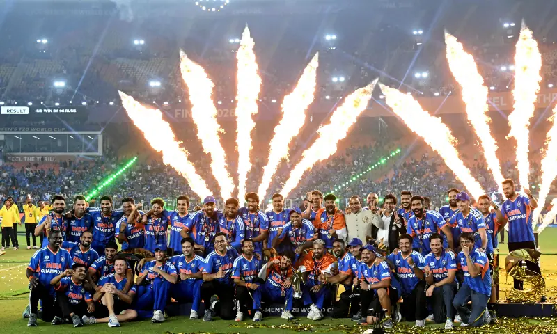 India’s players celebrate with the trophy after winning the 2026 ICC Men’s T20 Cricket World Cup final match between India and New Zealand at the Narendra Modi Stadium in Ahmedabad on March 8, 2026. — AFP India’s players celebrate with the trophy after winning the 2026 ICC Men’s T20 Cricket World Cup final match between India and New Zealand at the Narendra Modi Stadium in Ahmedabad on March 8, 2026. — AFP