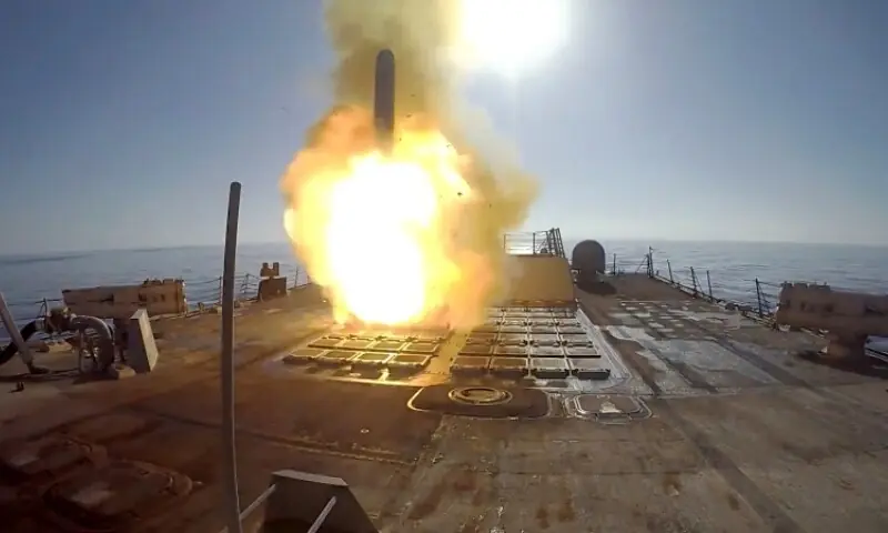 US Navy&rsquo;s Arleigh Burke-class guided-missile destroyer USS Frank E. Petersen Jr. fires a Tomahawk Land Attack Missile (TLAM) during operations in support of Operation Epic Fury attack on Iran, from an unidentified location, released March 9, 2026. &mdash;Reuters