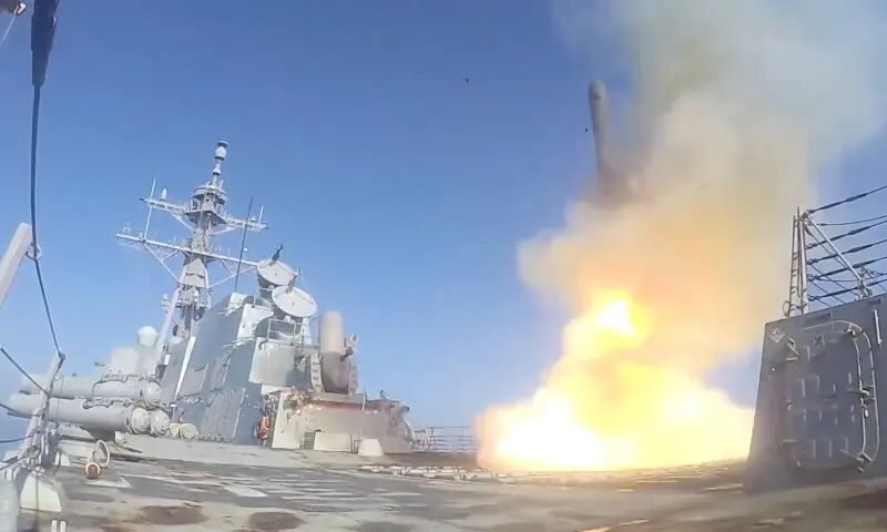 US Navy&rsquo;s Arleigh Burke-class guided-missile destroyer USS Frank E. Petersen Jr. fires a Tomahawk Land Attack Missile (TLAM) during operations in support of Operation Epic Fury attack on Iran, from an unidentified location, released March 9, 2026.