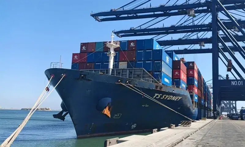 Containers are discharged at Karachi Port as transhipment begins on March 6, supporting regional and global trade amid geopolitical tensions. &mdash; Courtesy KPT