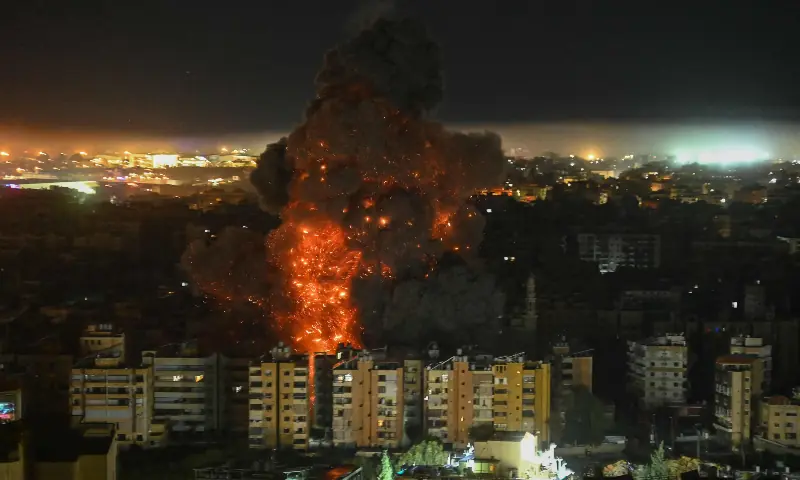 A fireball rises from the site of an Israeli airstrike that targeted an area in Beirut’s southern suburbs overnight on March 10 to 11, 2026. — AFP