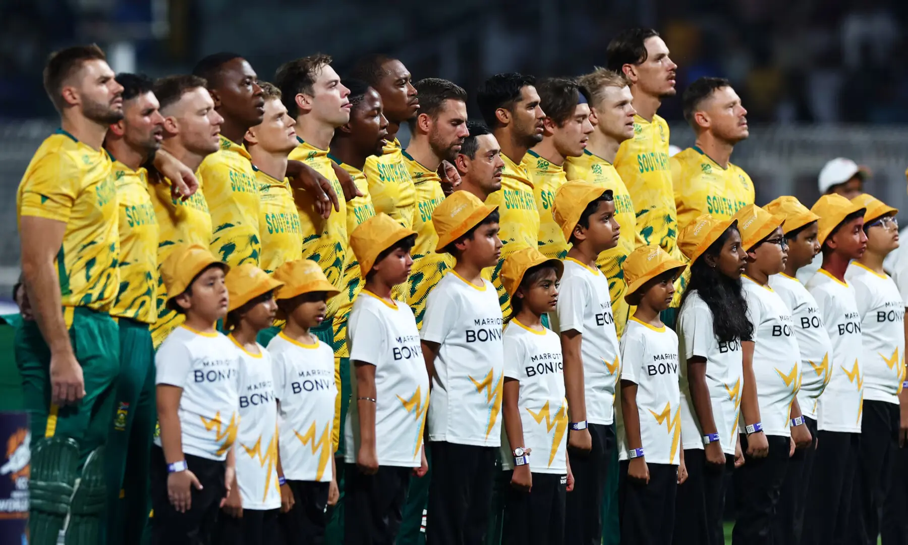South Africa players line up during the national anthems before the semi final between South Africa and New Zealand at Eden Gardens in Kolkata, India on March 4, 2026. &mdash; Reuters/File