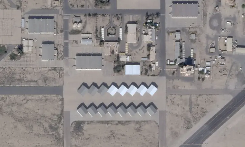 A satellite view shows the Ali Al Salem Base near Al Jahra, Kuwait, on Feb 22, 2026. &mdash; 2026 Planet Labs PBC /Handout via Reuters
