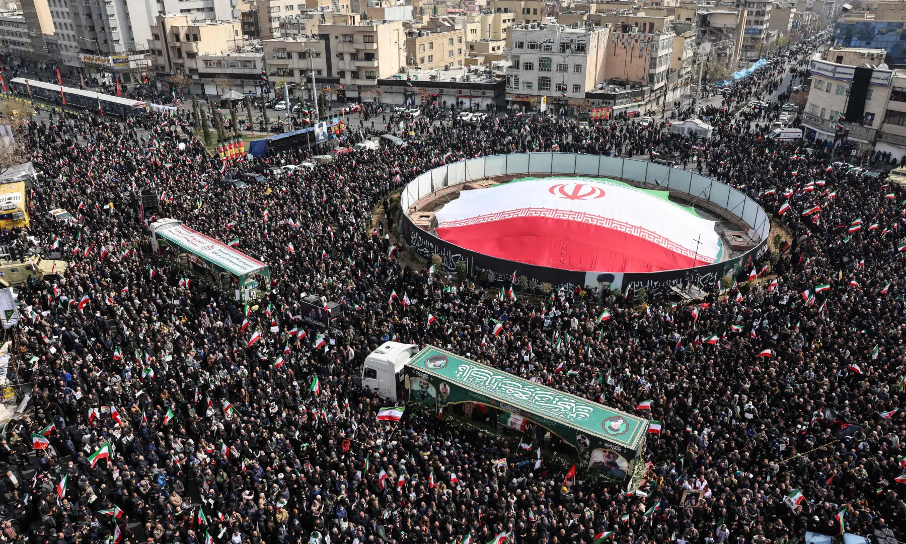 Iranians attend the funerals of Iran&rsquo;s Revolutionary Guards Corps (IRGC) commanders, army commanders and others killed in the early days of the United States and Israeli strikes on Iran, at Enghelab Square in Tehran on March 11, 2026. &mdash; AFP