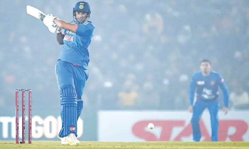 Indian batter Shivam Dube plays a shot during the first T20 International against Afghanistan at the Punjab Cricket Association Stadium on Thursday.&mdash;AFP