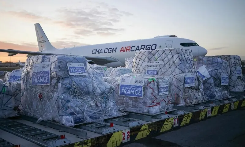 Humanitarian aid is gathered on the tarmac to be loaded into an aircraft destined for Lebanon at Roissy-Charles de Gaulle Airport on the outskirts of Paris on March 12, 2026. &mdash;AFP
