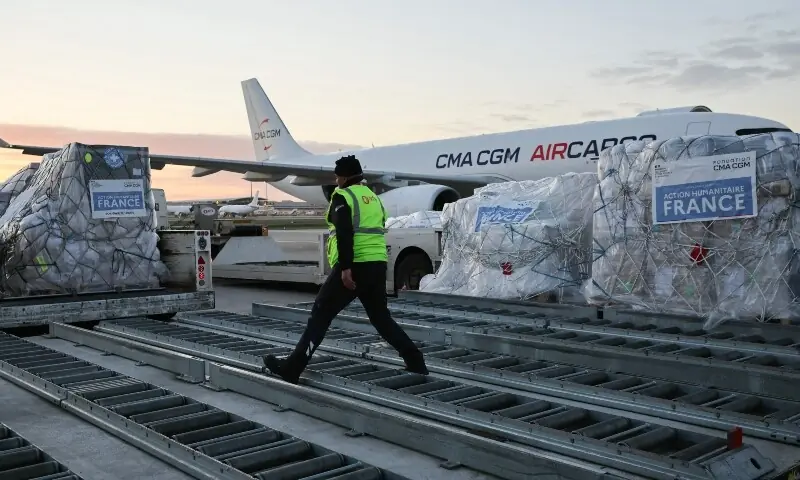 Humanitarian aid is gathered on the tarmac to be loaded into an aircraft destined for Lebanon at Roissy-Charles de Gaulle Airport on the outskirts of Paris on March 12, 2026. &mdash;AFP
