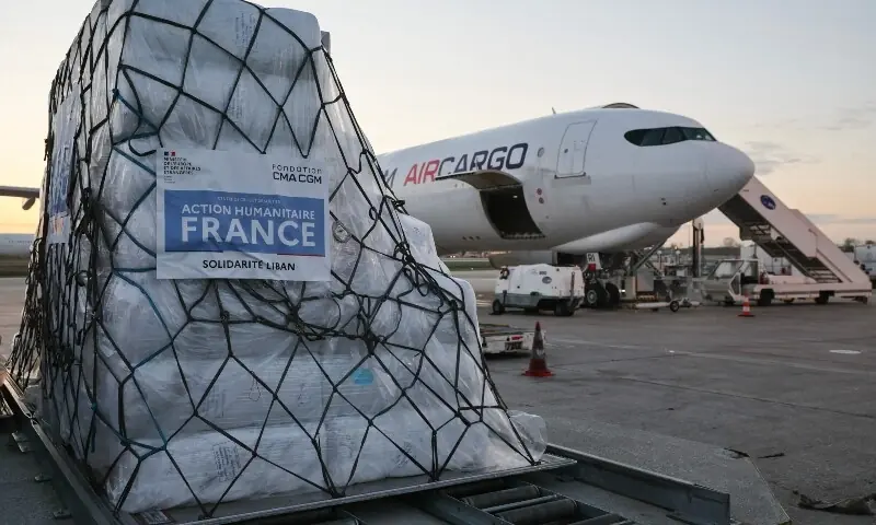 Humanitarian aid is gathered on the tarmac to be loaded into an aircraft destined for Lebanon at Roissy-Charles de Gaulle Airport on the outskirts of Paris on March 12, 2026. &mdash;AFP