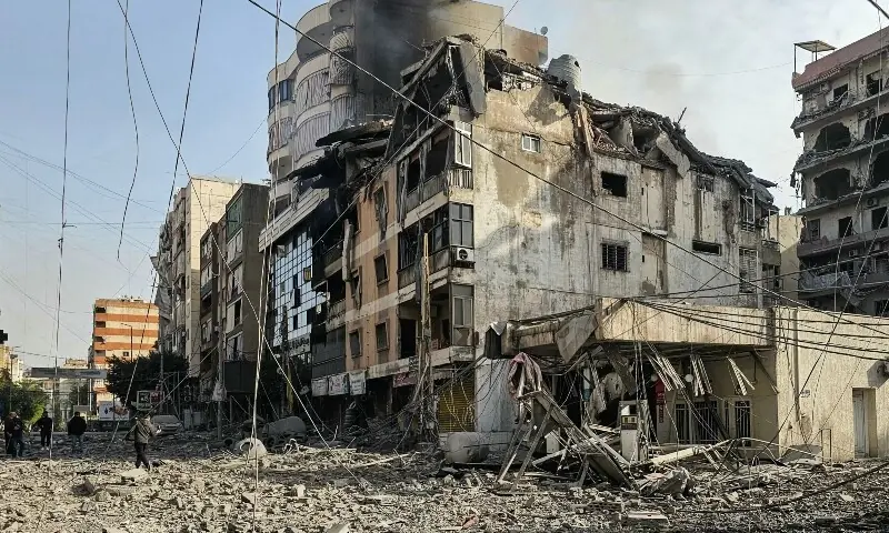A photograph shows destroyed buildings following overnight Israeli airstrikes in the Mreijeh neighbourhood of Beirut&rsquo;s southern suburbs on March 12, 2026. &mdash;Reuters