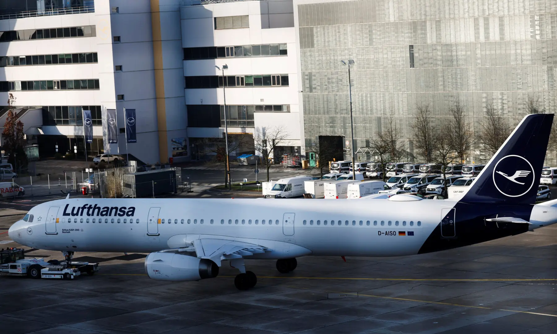 German air carrier Lufthansa&rsquo;s aircraft is parked on the tarmac at the airport, as the company&rsquo;s pilots go on a two-day strike in a dispute over pensions, in Frankfurt, Germany, on March 12, 2026. &mdash; Reuters