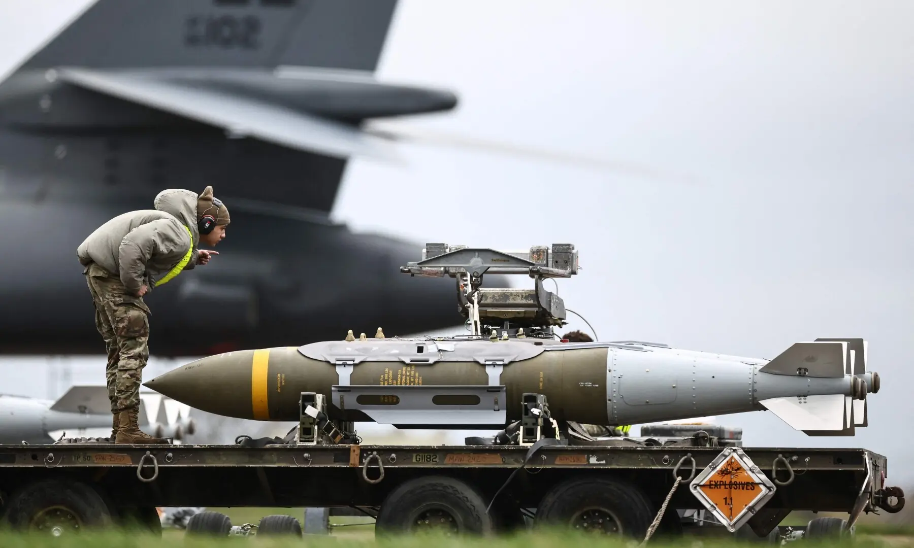 US Air Force ground personnel prepare Joint Direct Attack Munitions (JDAM) for a US Air Force B-1 Lancer bomber on the tarmac at RAF Fairford in south-west England on March 12. &mdash; AFP
