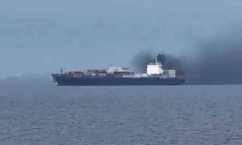 This frame grab from handout UGC video footage by seafarer Wang Shang taken on March 12, 2026 and released to AFPTV on March 13 shows smoke emerging from the Source Blessing cargo vessel, as filmed from the vessel Wang was onboard in the Gulf, north of Dubai. &mdash; AFP