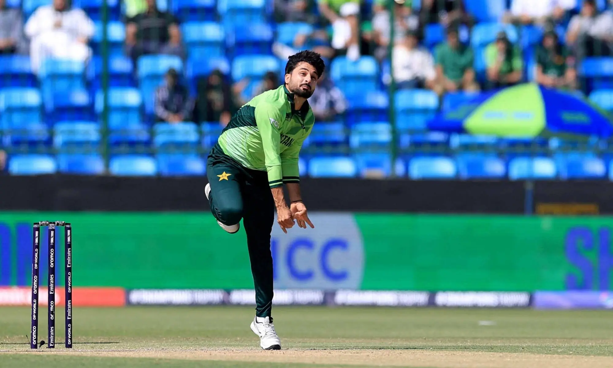 Abrar Ahmed in action during the Group A match against Pakistan and New Zealand in the Champion&rsquo;s Trophy on February 19, 2025. &mdash; AFP